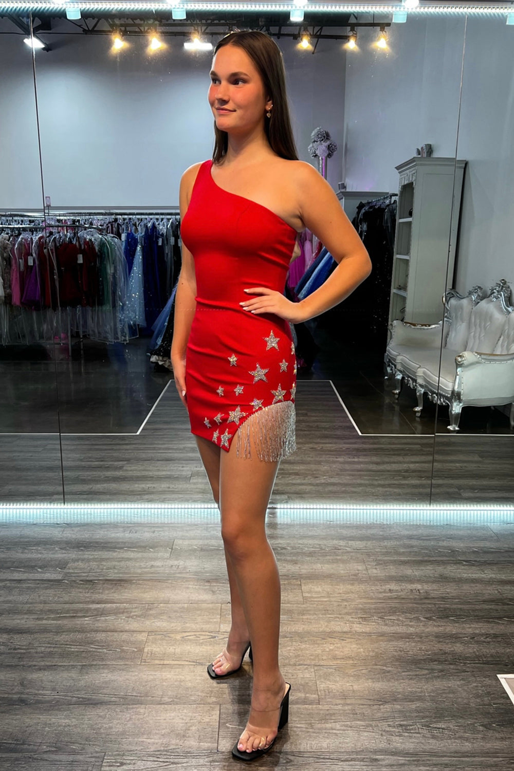 Sparkly Light Blue One Shoulder Stars Tight Short Homecoming Dress/Mini Dress with Fringes