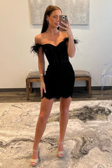 Sparkly Black Off The Shoulder Corset Tight Short Homecoming Dress/Mini Dress with Feathers
