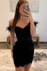 Sparkly Black Off The Shoulder Corset Tight Short Homecoming Dress/Mini Dress with Feathers