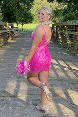 Sparkly Spaghetti Straps Fuchsia Tight Short Homecoming Dress/Mini Dress with Lace