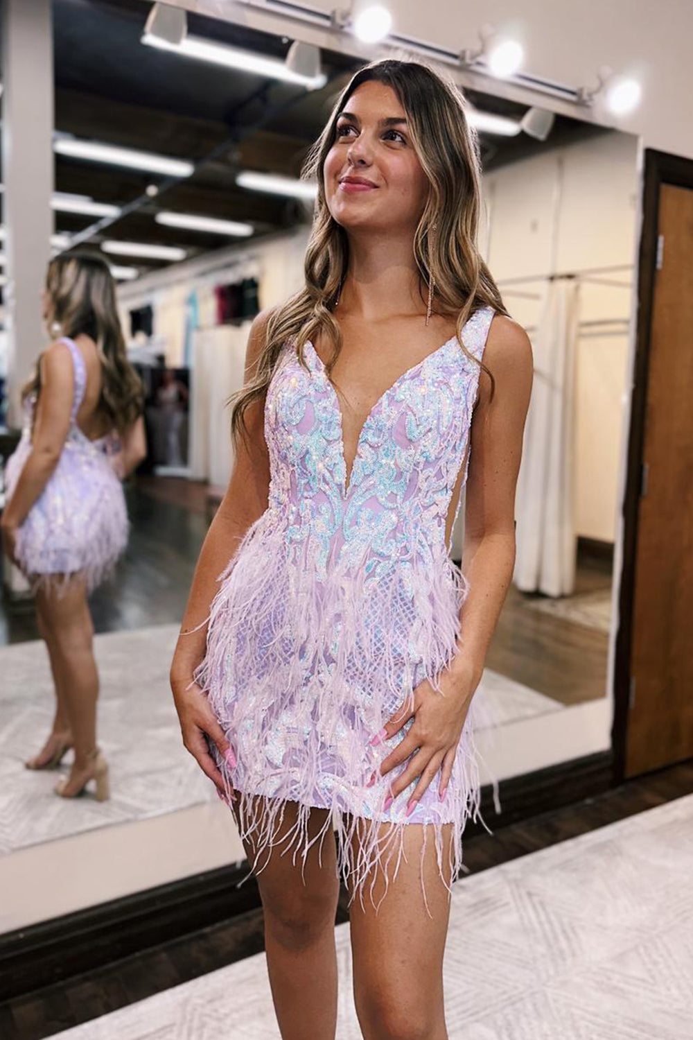 Sparkly Blue Sequined Tight Short Homecoming Dress/Mini Dress with Feathers