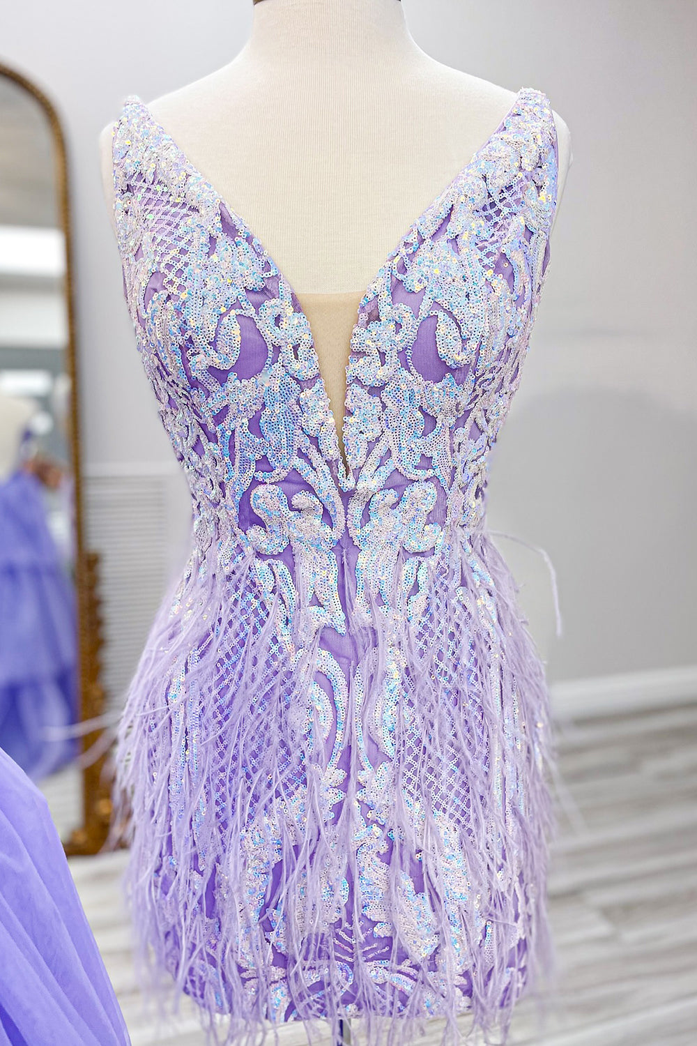 Glitter Blue Sequined Tight Short Homecoming Dress/Mini Dress with Feathers