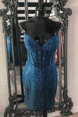 Sparkly Navy Spaghetti Straps Corset Tight Short Homecoming Dress/Mini Dress with Beadings