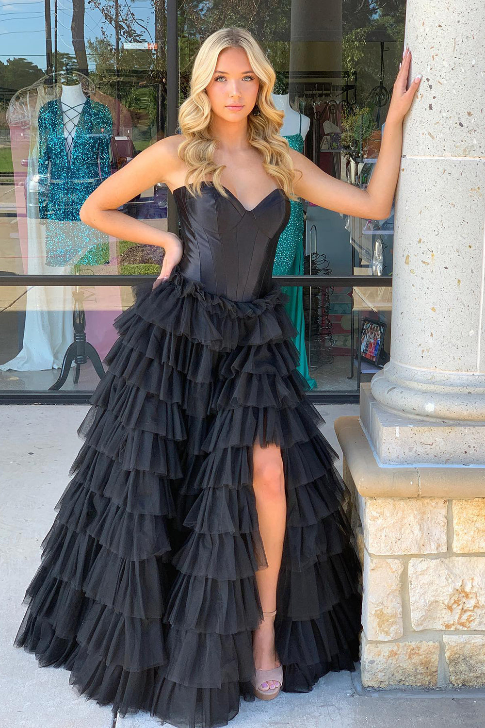 Long A-Line Corset Prom Dress in Black Sweetheart Tulle with Tiered Slit