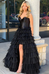 Long A-Line Corset Prom Dress in Black Sweetheart Tulle with Tiered Slit
