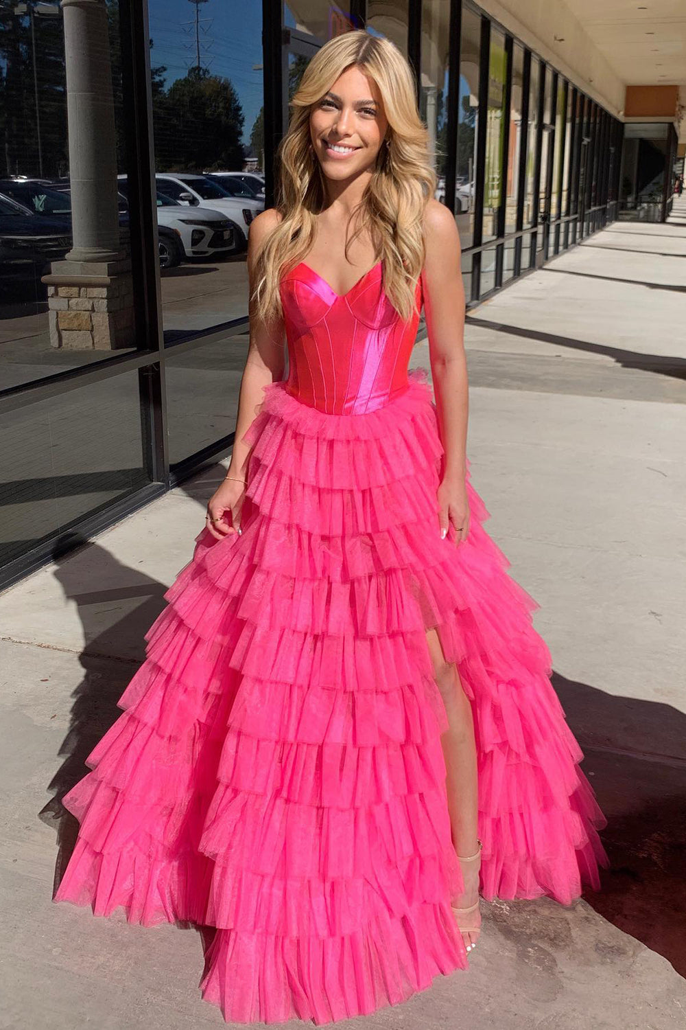Long A-Line Corset Prom Dress in Black Sweetheart Tulle with Tiered Slit
