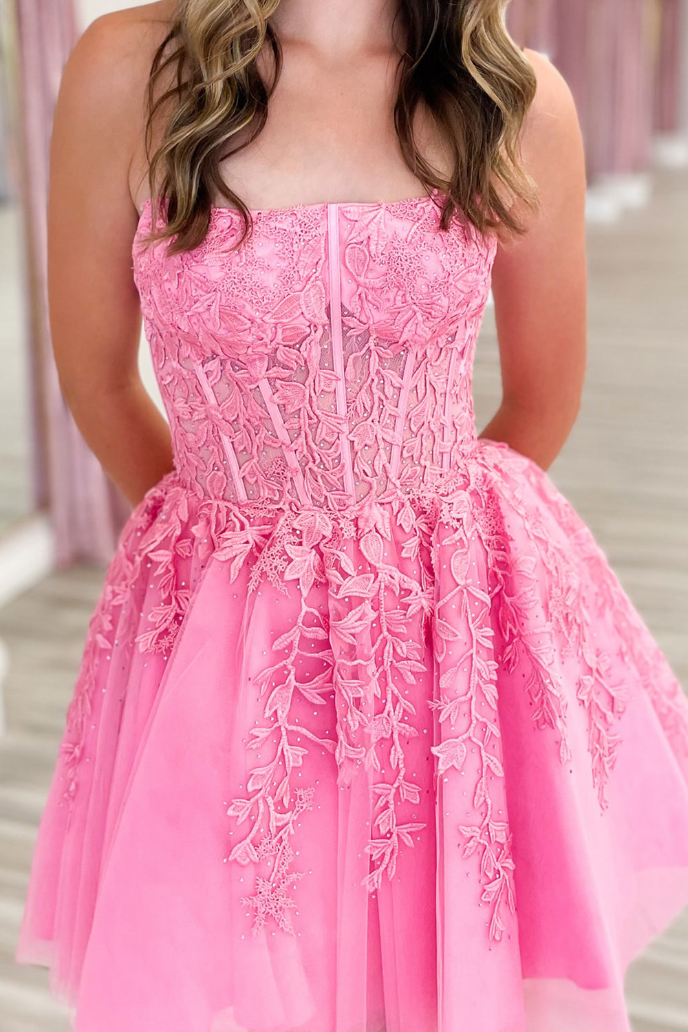 Sparkly Fuchsia Corset Lace A-Line Tulle Homecoming Dress/Mini Dress