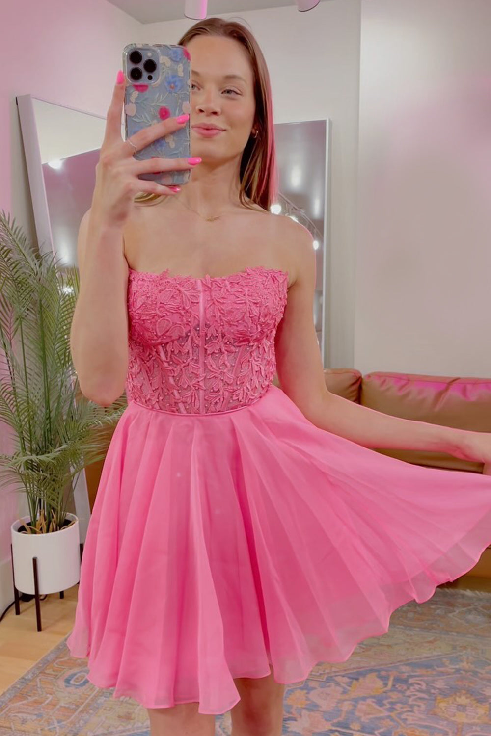 Sparkly Fuchsia Corset Lace A-Line Tulle Homecoming Dress/Mini Dress