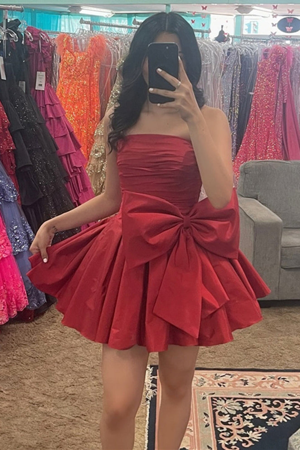 Red Strapless A-Line Satin Short Homecoming Dress/Mini Dress with Bowknot