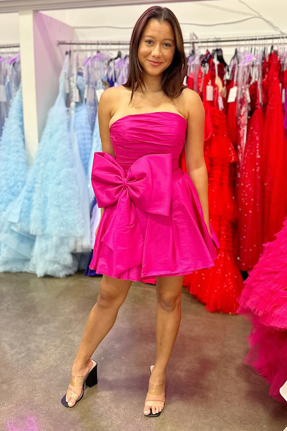 Red Strapless A-Line Satin Short Homecoming Dress/Mini Dress with Bowknot