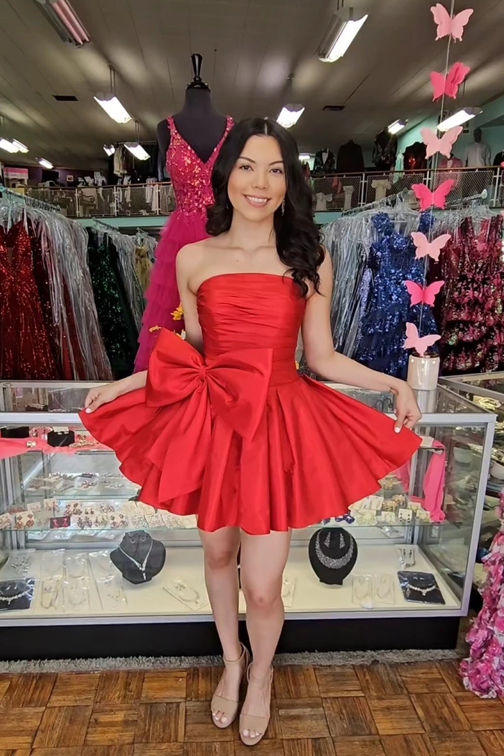 Black Strapless A-Line Short Homecoming Dress/Mini Dress with Bowknot