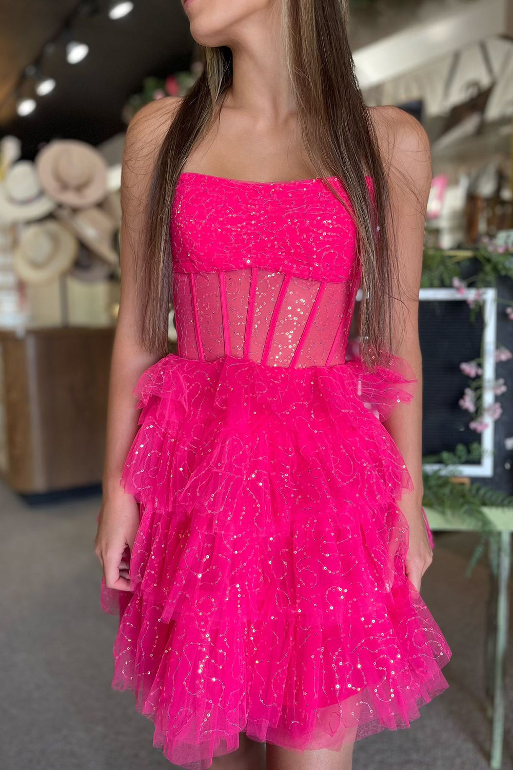 Sparkly A-Line Pink Corset Tiered Tulle Short Homecoming Dress/Mini Dress