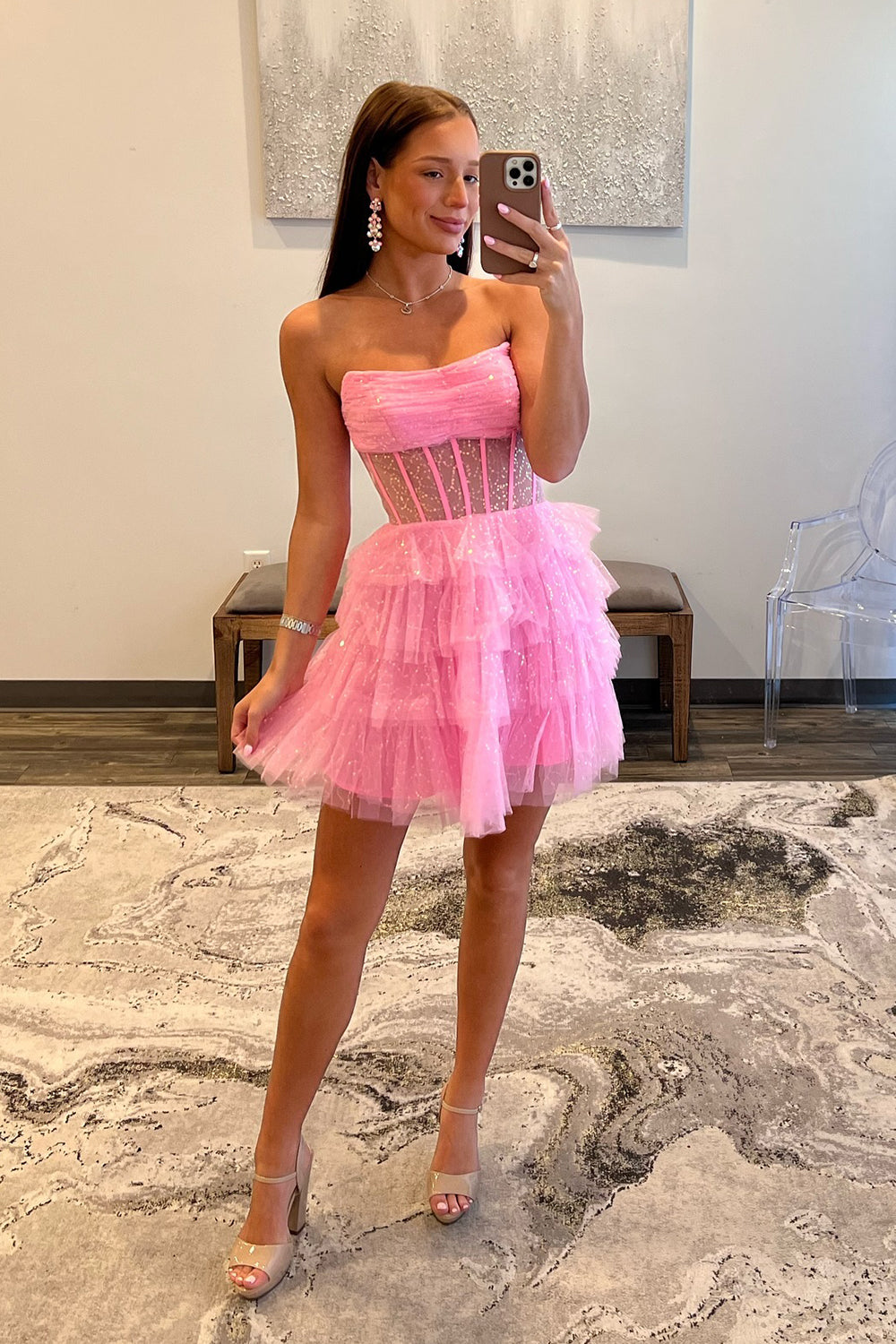 Glitter Black Corset Tiered A-Line Tulle Short Homecoming Dress/Mini Dress