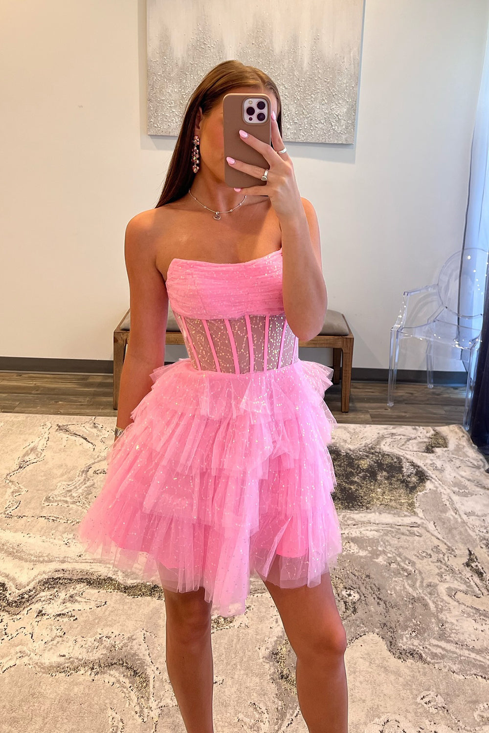Sparkly A-Line Pink Corset Tiered Tulle Short Homecoming Dress/Mini Dress