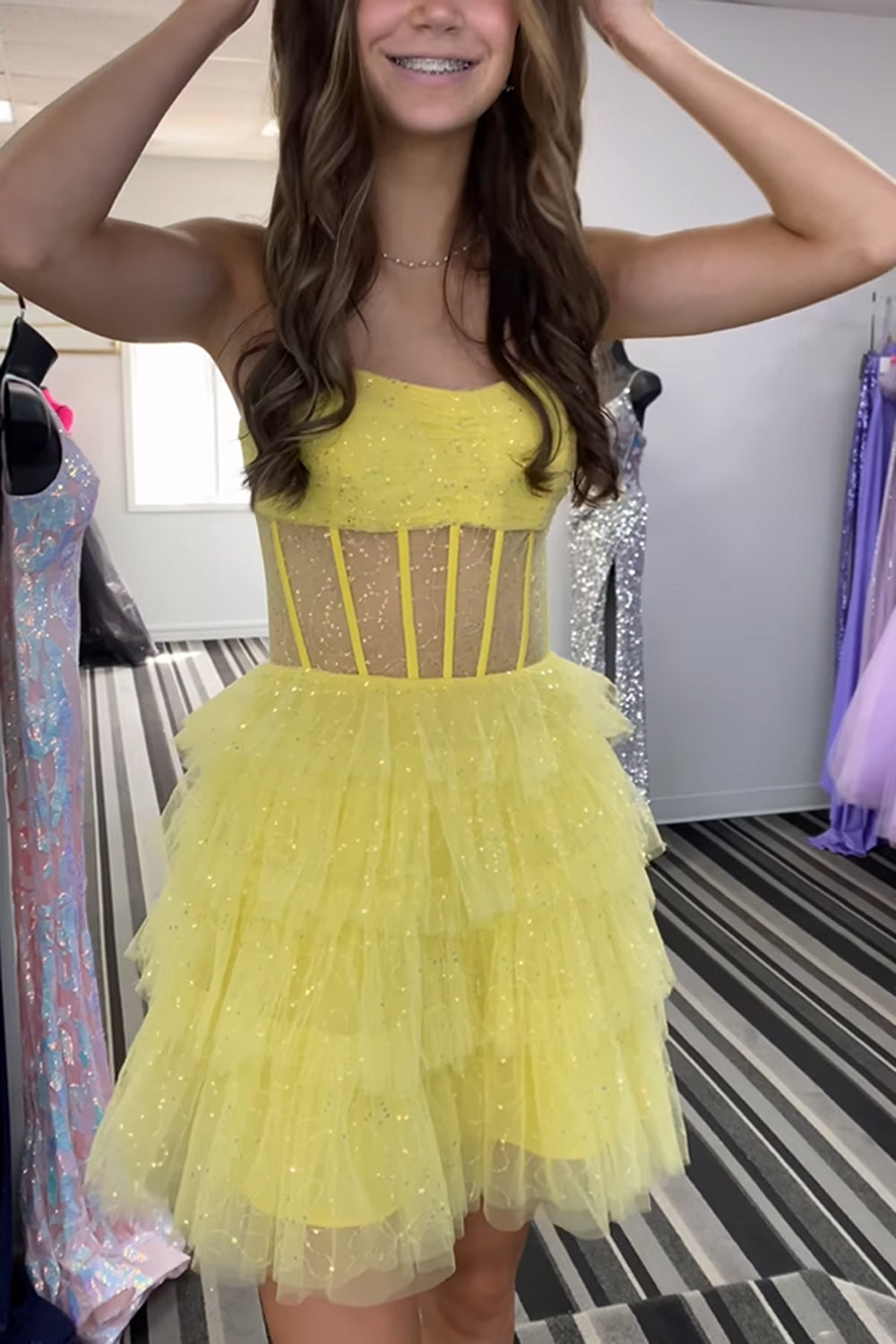 Sparkly A-Line Pink Corset Tiered Tulle Short Homecoming Dress/Mini Dress