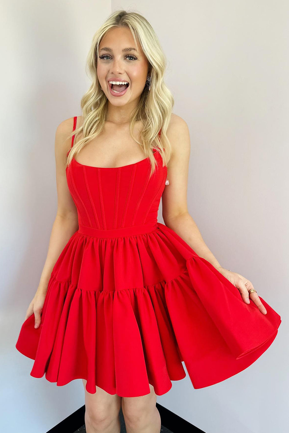 Fuchsia Spaghetti Straps Lace-Up Back A-Line Short Satin Homecoming Dress/Mini Dress
