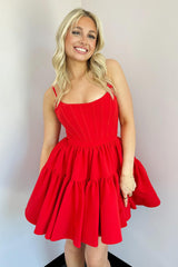 Red A Line Spaghetti Straps Short Satin Homecoming Dress/Mini Dress