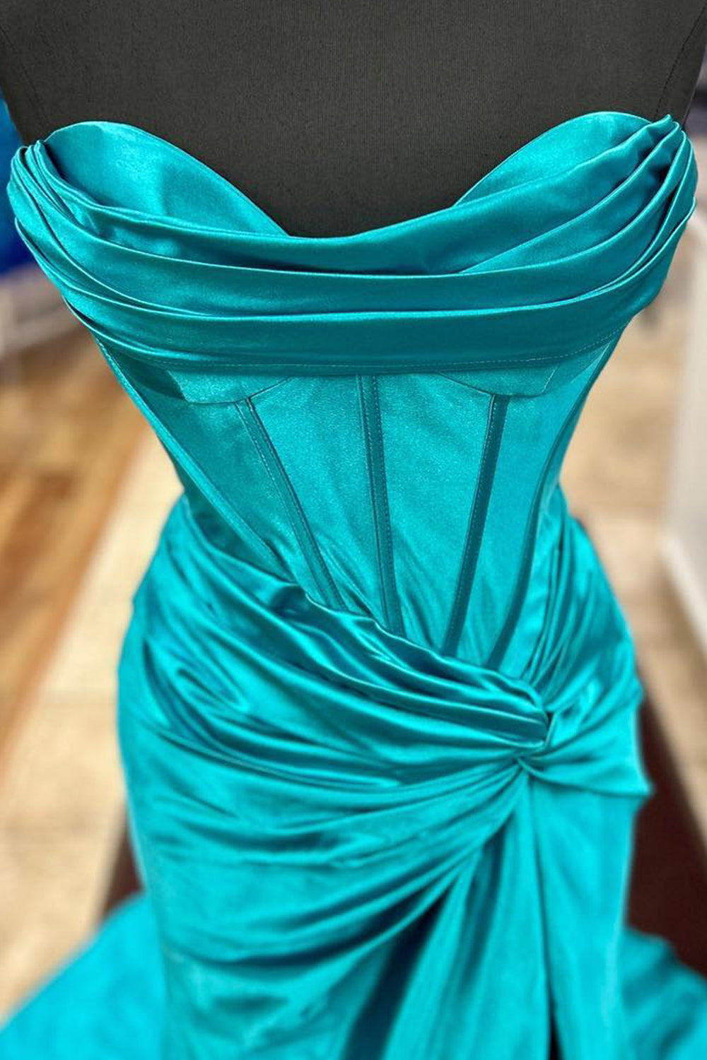 Orange Strapless Mermaid Corset Prom Dress Featuring a Front Split