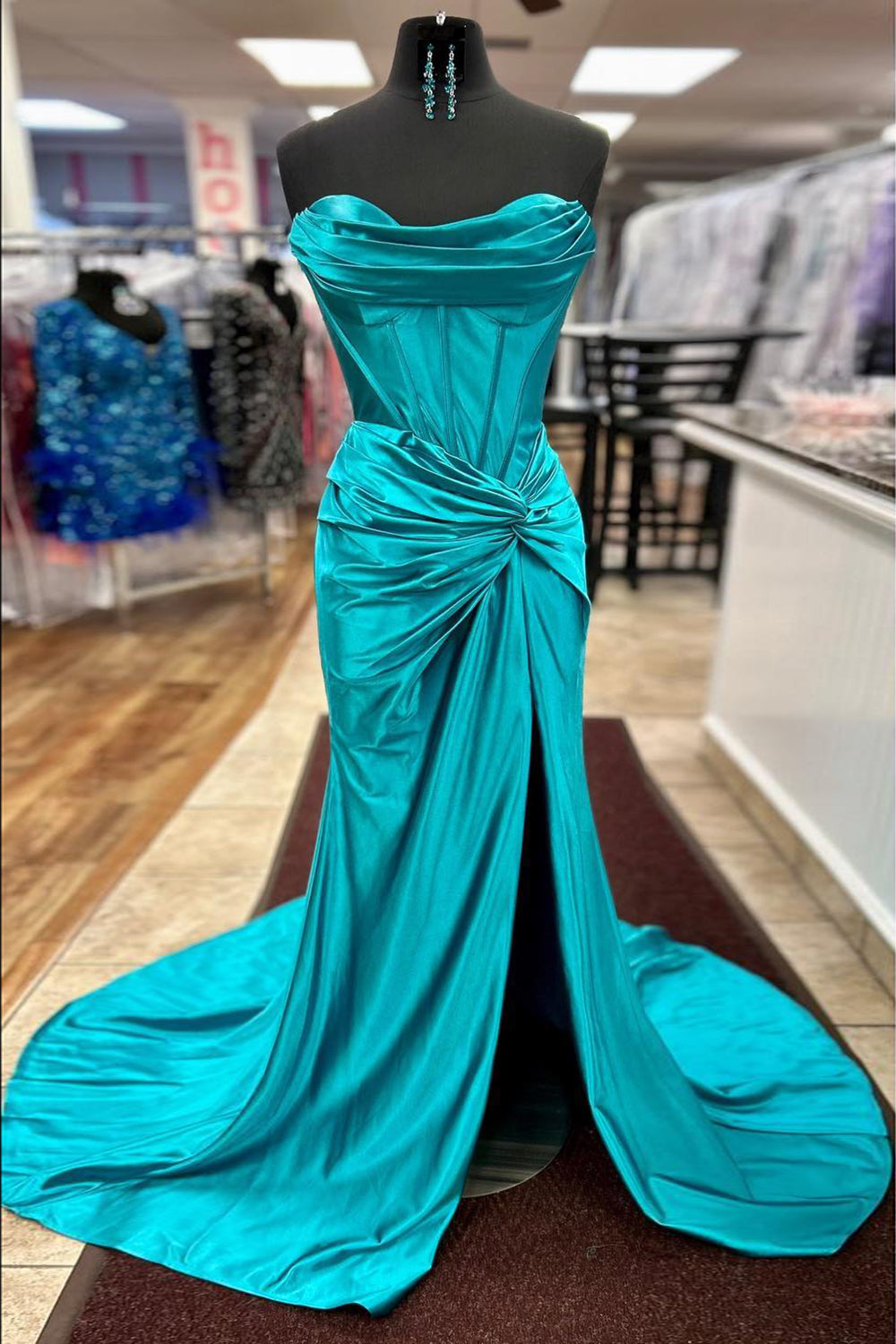 Orange Strapless Mermaid Corset Prom Dress Featuring a Front Split