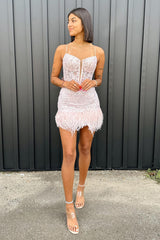 Light Blue Corset Lace Tight Short Homecoming Dress/Mini Dress with Feathers