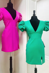Simple Fuchsia V-Neck Short Sleeves Tight Short Homecoming Dress/Mini Dress