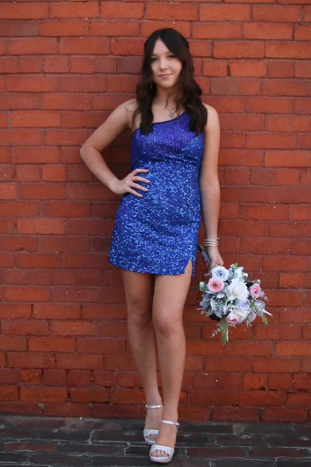 Sparkly Blue Fringed One Shoulder Tight Sequins Short Homecoming Dress/Mini Dress
