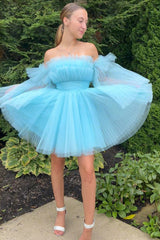 A-Line Blue Tulle Short Homecoming Dress/Mini Dress with Detachable Long Sleeves