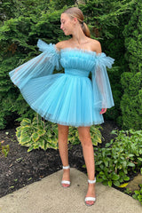 A-Line Blue Tulle Short Homecoming Dress/Mini Dress with Detachable Long Sleeves