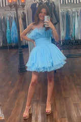 Fluffy Blue A-Line Strapless Ruffled Short Homecoming Dress/Mini Dress