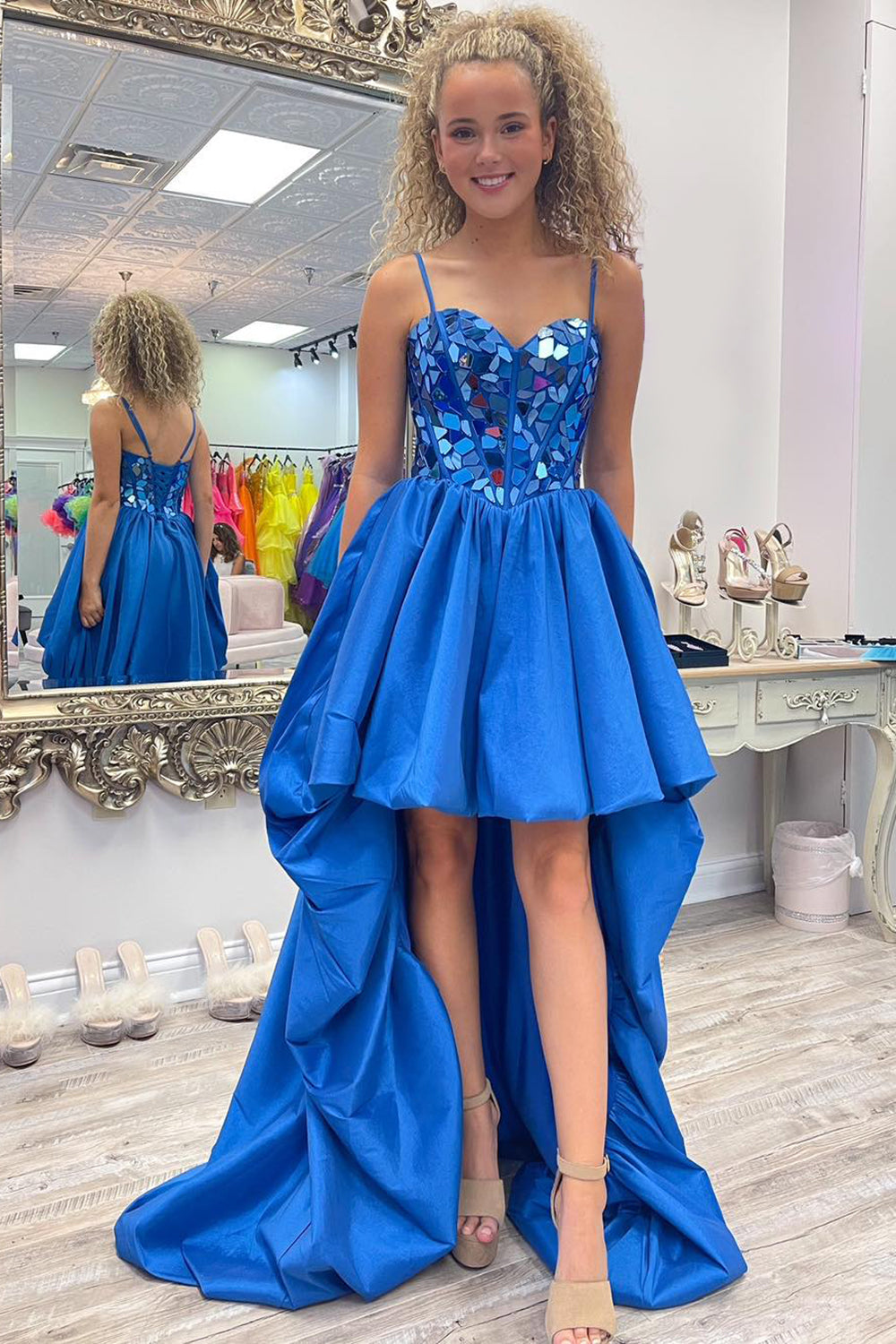 Sparkly Black High Low Satin A-Line Mirror Homecoming Dress/Mini Dress