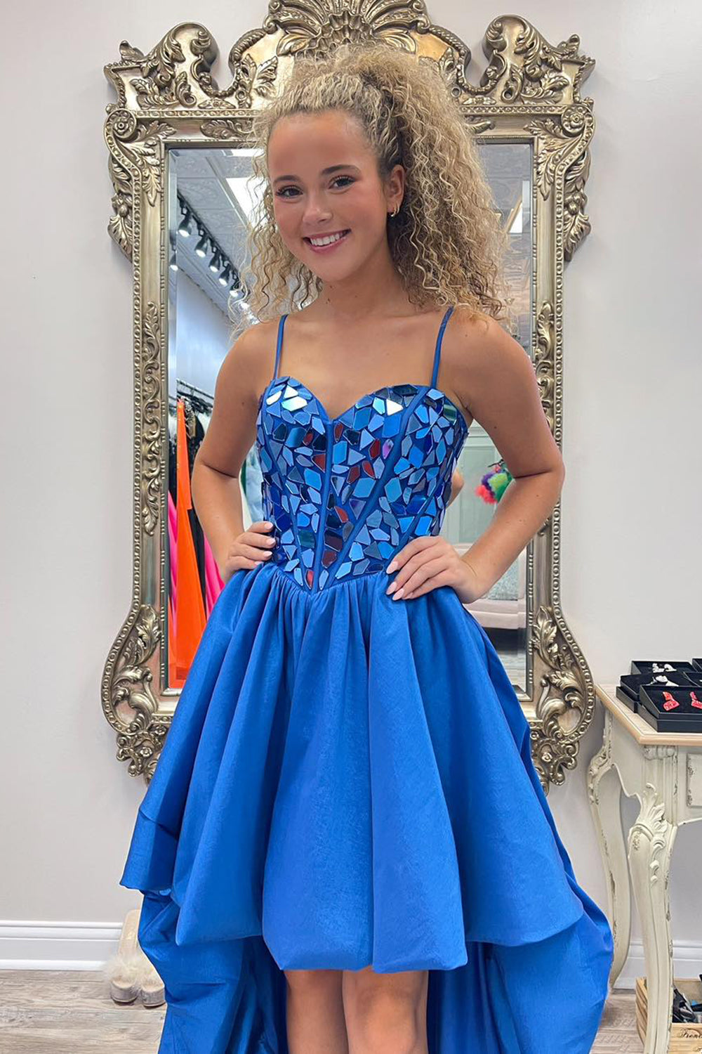 Sparkly Black High Low Satin A-Line Mirror Homecoming Dress/Mini Dress