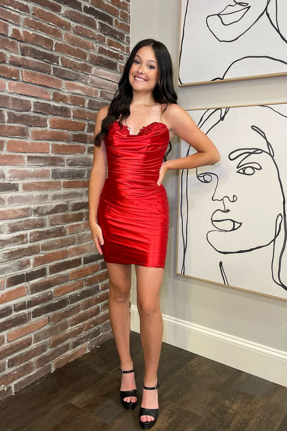 Pink Satin Sweetheart Tight Short Homecoming Dress/Mini Dress With Lace