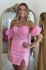Sparkly Pink Tight Corset Sequined Short Homecoming Dress/Mini Dress with Lace