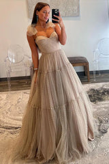 Long Khaki Prom Dress with Bows in A-Line Tulle and Spaghetti Straps