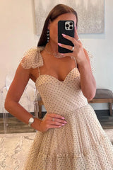 Long Khaki Prom Dress with Bows in A-Line Tulle and Spaghetti Straps