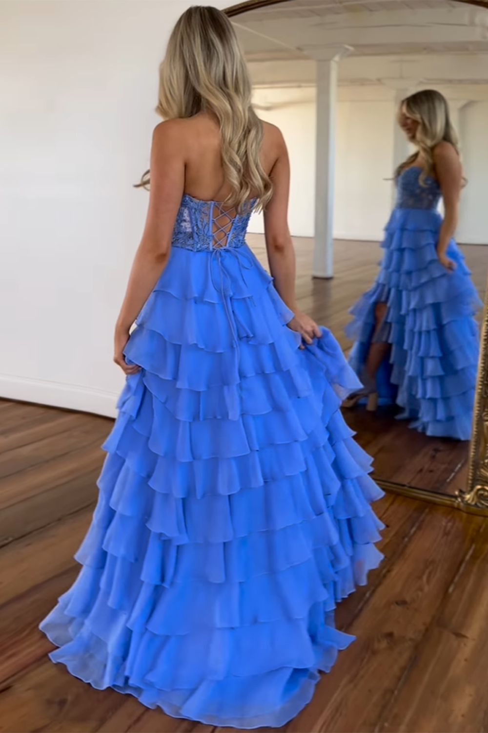 Light Blue Long Tiered Chiffon Prom Dress with Appliques in a Sweetheart A-Line