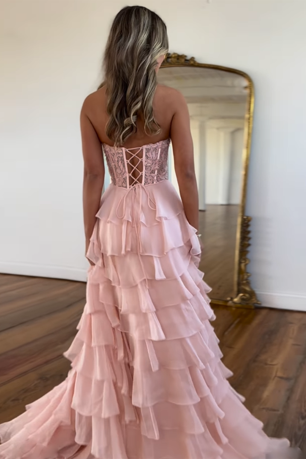 Long Chiffon Prom Dress in Lilac with A Line Corset and Tiered Slit