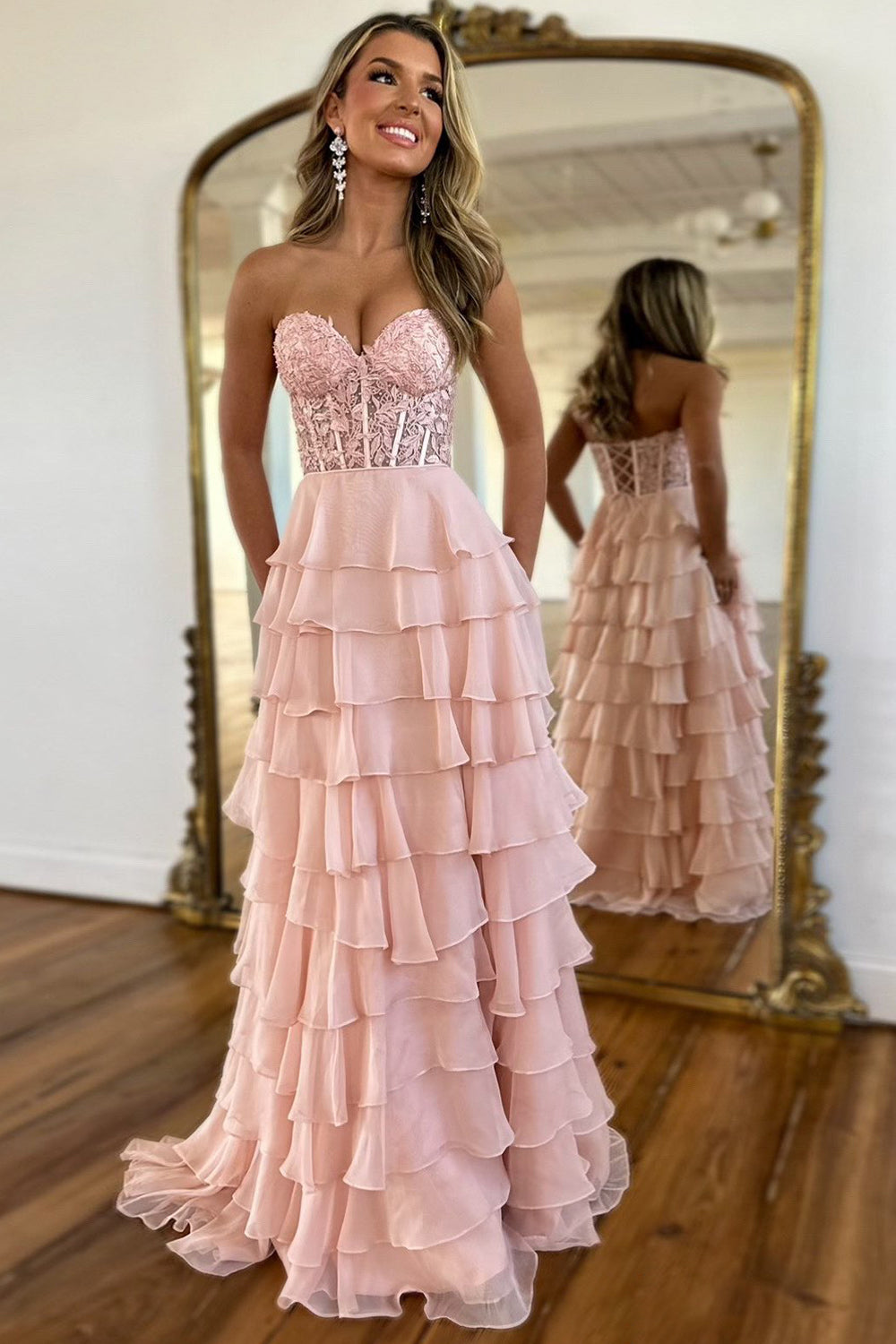 Light Blue Long Tiered Chiffon Prom Dress with Appliques in a Sweetheart A-Line
