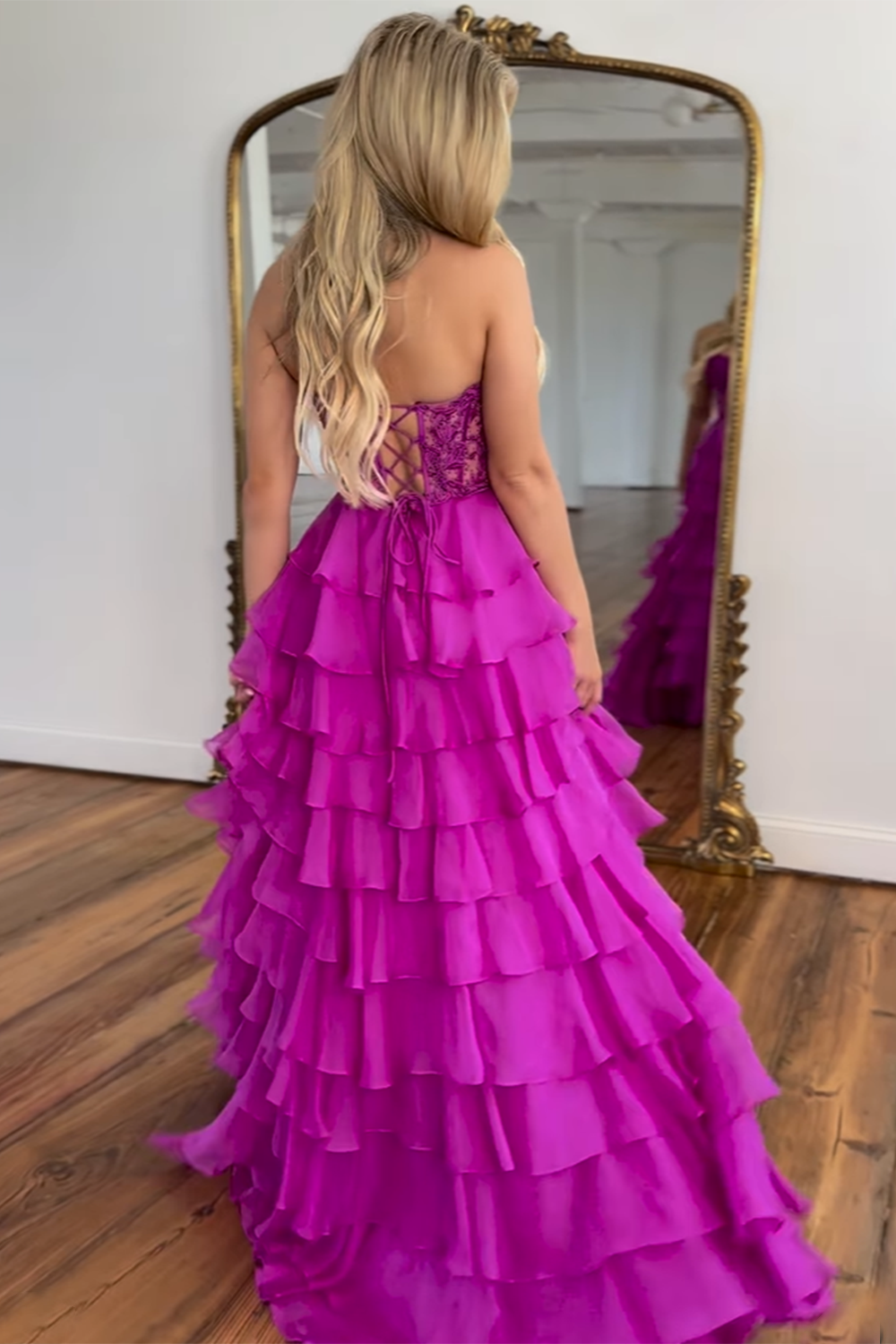 Long Chiffon Prom Dress in Lilac with A Line Corset and Tiered Slit