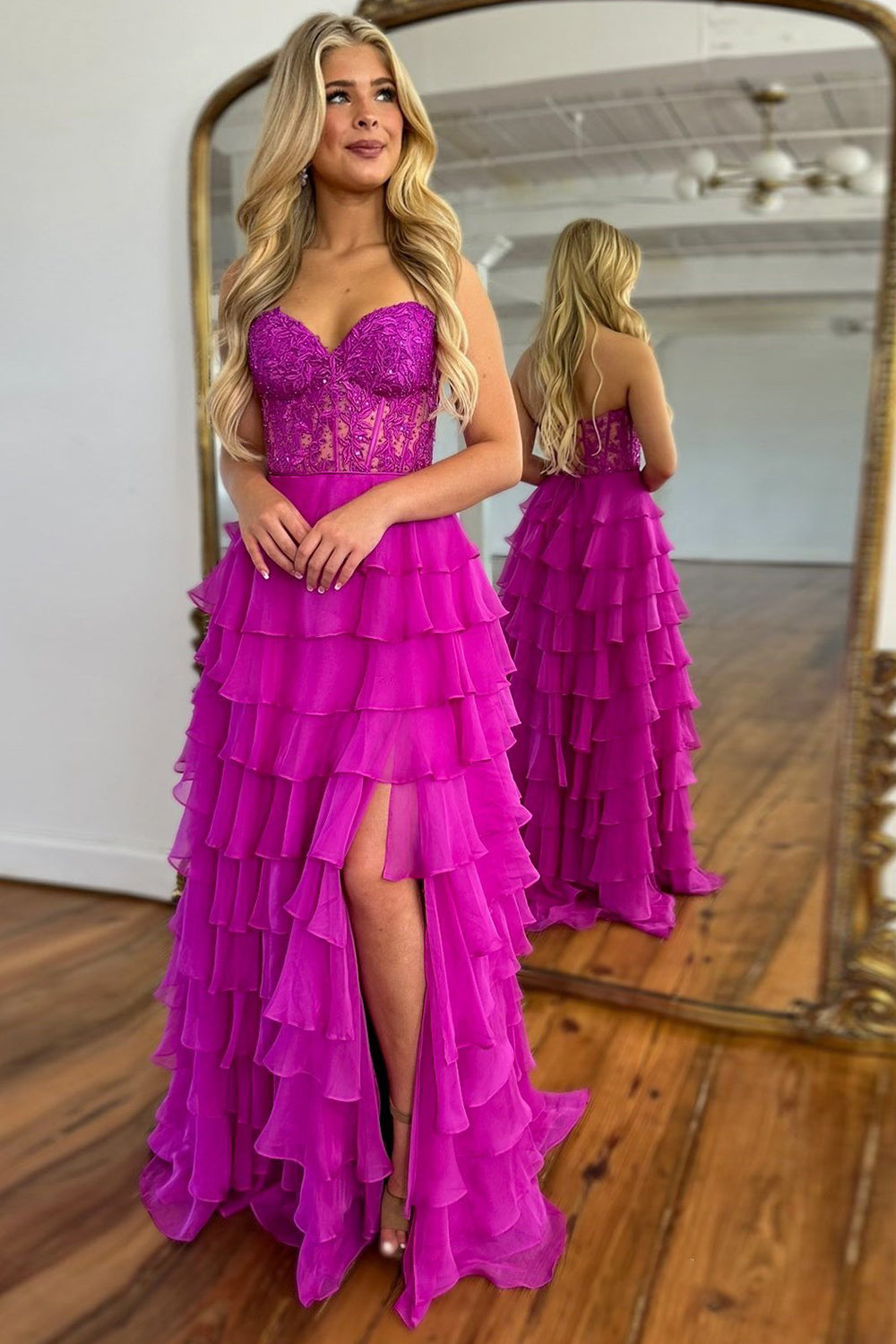 Light Blue Long Tiered Chiffon Prom Dress with Appliques in a Sweetheart A-Line
