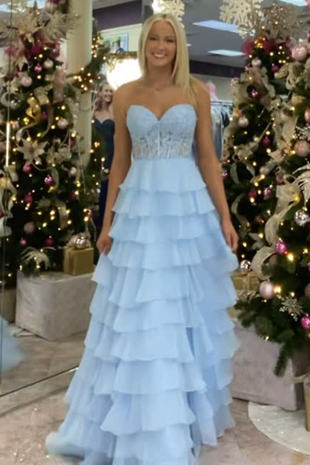 Light Blue Long Tiered Chiffon Prom Dress with Appliques in a Sweetheart A-Line