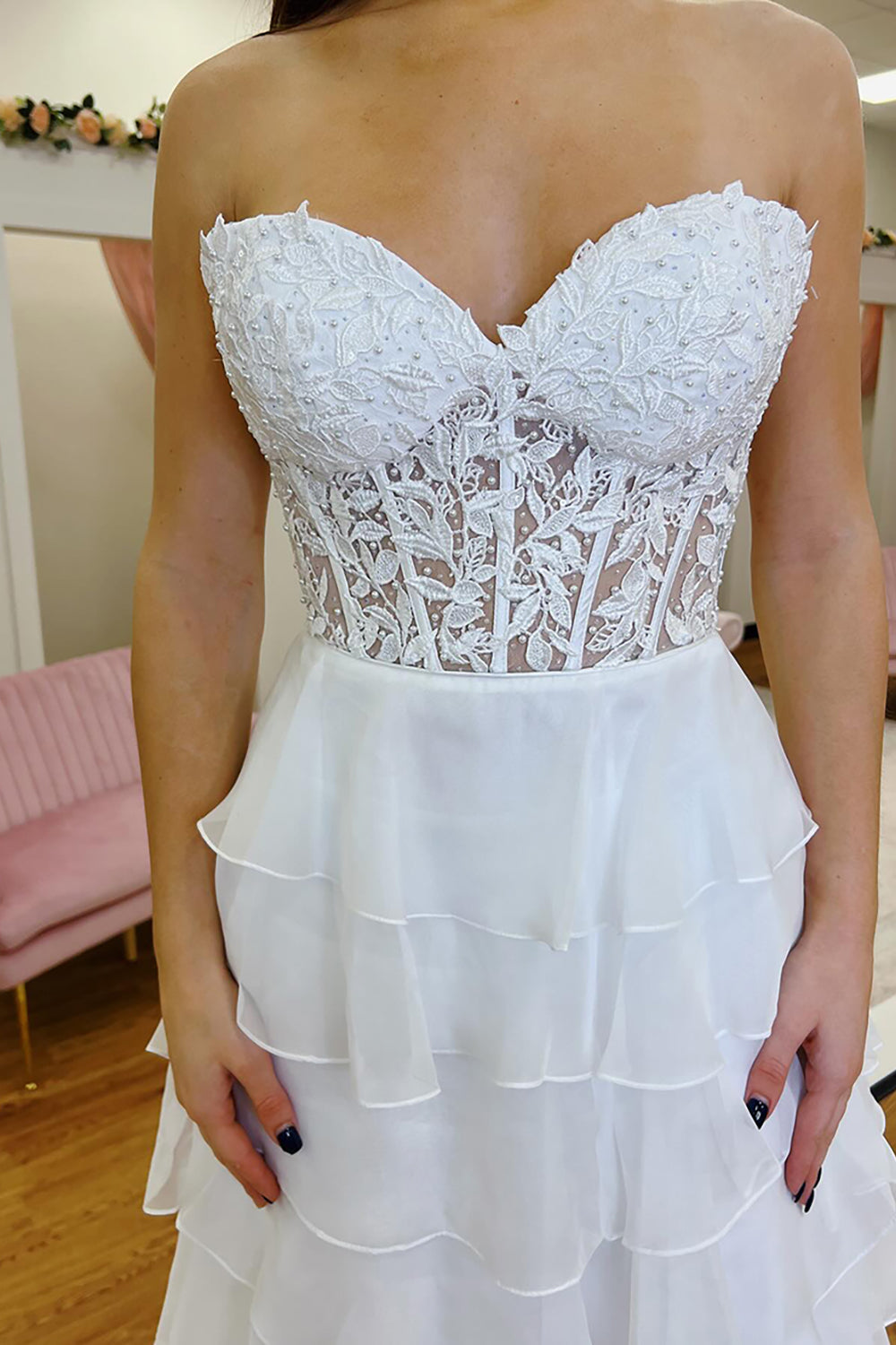 Light Blue Long Tiered Chiffon Prom Dress with Appliques in a Sweetheart A-Line