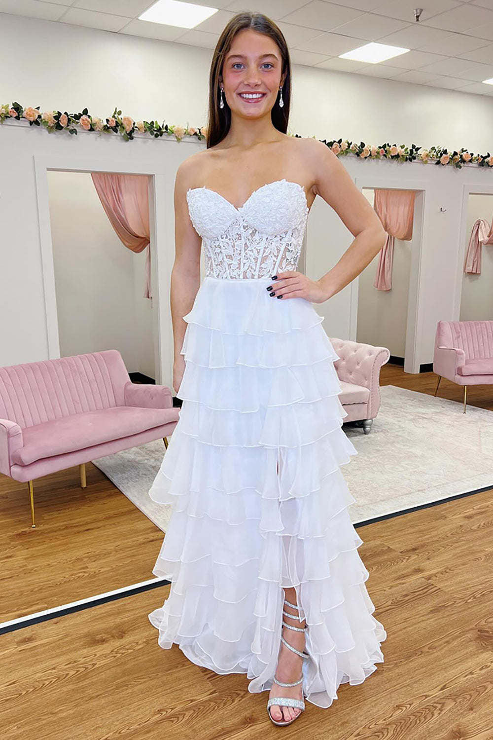 Light Blue Long Tiered Chiffon Prom Dress with Appliques in a Sweetheart A-Line