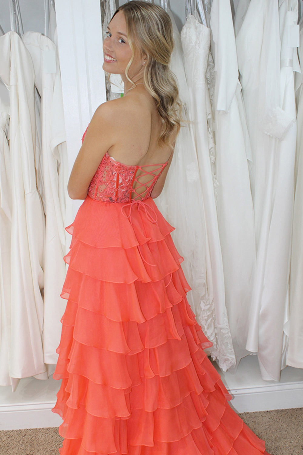 Long Chiffon Prom Dress in Pink with A-Line Corset and Tiered Slit