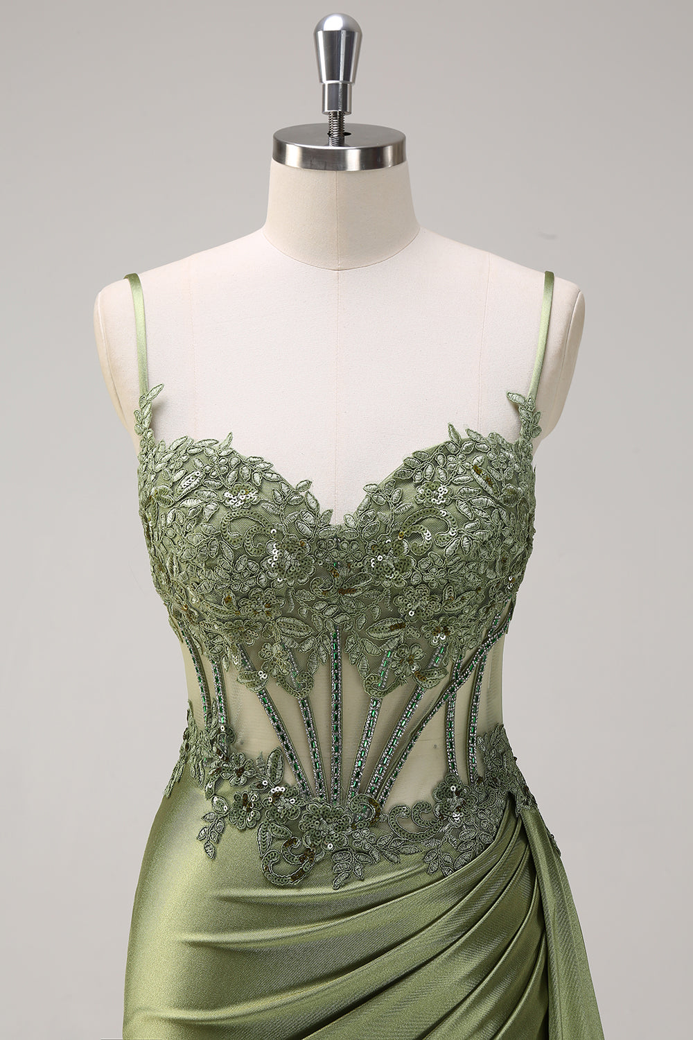 Silver Corset Prom Dress with Trendy Mermaid Spaghetti Straps and Appliques