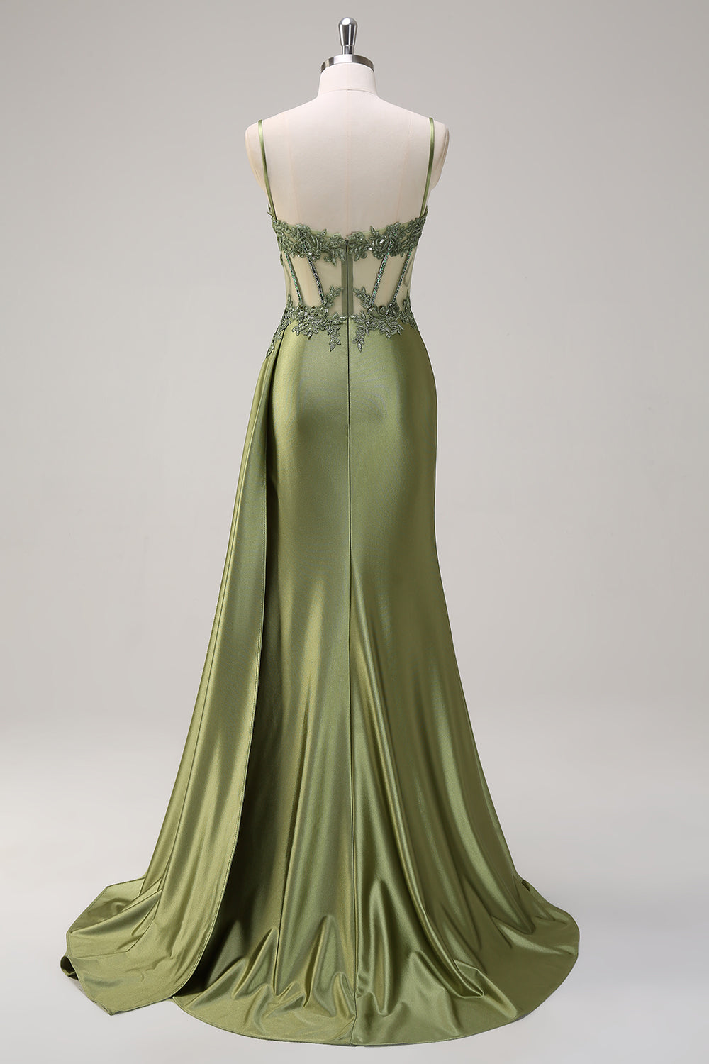 Silver Corset Prom Dress with Trendy Mermaid Spaghetti Straps and Appliques