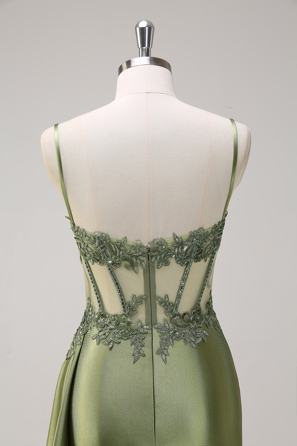 Silver Corset Prom Dress with Trendy Mermaid Spaghetti Straps and Appliques