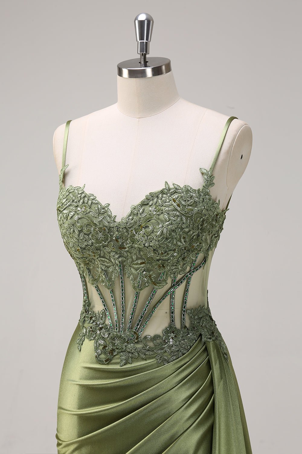 Silver Corset Prom Dress with Trendy Mermaid Spaghetti Straps and Appliques