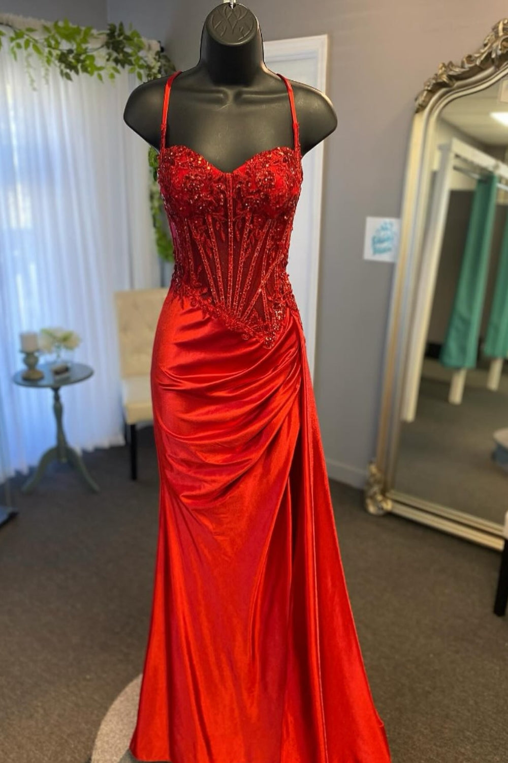 Silver Corset Prom Dress with Trendy Mermaid Spaghetti Straps and Appliques