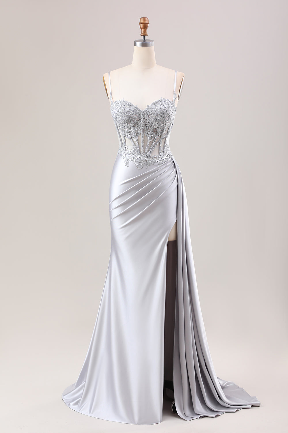 Elegant Silver Satin Mermaid Prom Dress with Spaghetti Straps and Appliques